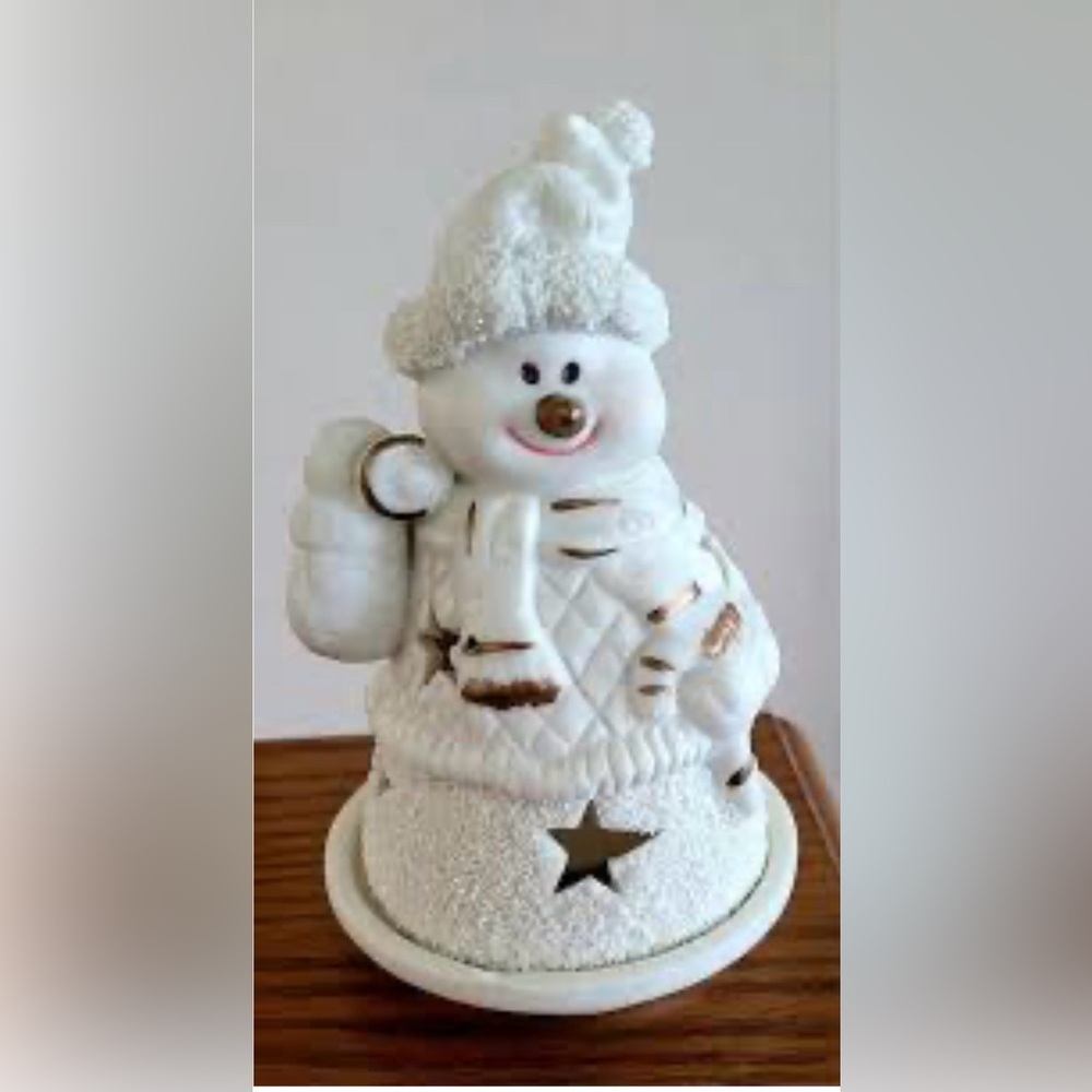 Vtg International Bazaar Porcelain Snowman Votive Candle Holder 2Piece Gold Trim